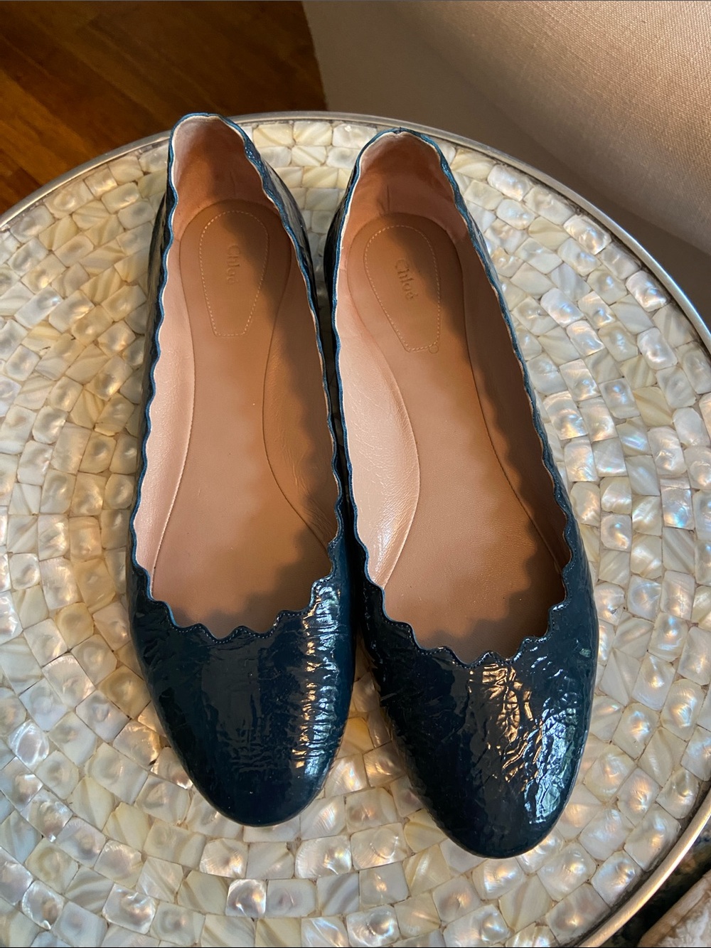 Chloe Dark Teal Patent Scalloped Ballet Flats 41 EU